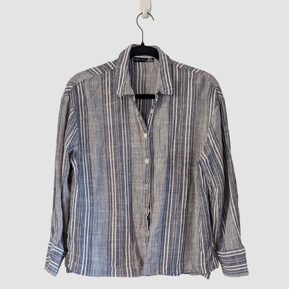 Linen Blend Button Down Top Medium Blue White Striped Lightweight Coastal Resort